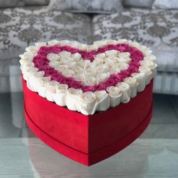 Kırmızı Kalp Kutu İçinde Beyaz Pembe Güller