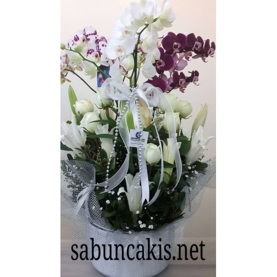 Seramik İçinde Orkide Lilyum Gül
