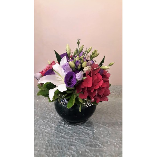 Fanus Cam İçinde lilyum lisianthus Ortanca